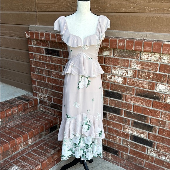 Show Me Your MuMu Reese Ruffle Chiffon Midi Dress Beige Floral Size Small - Picture 1 of 10